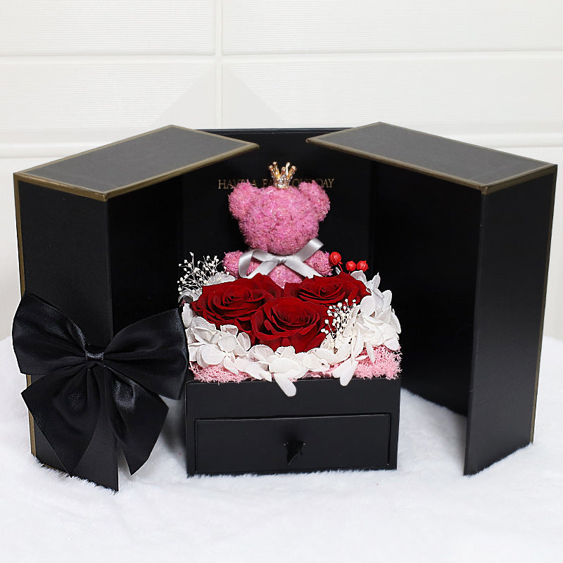 Preserved Rose Gift Box with Decorative Bear