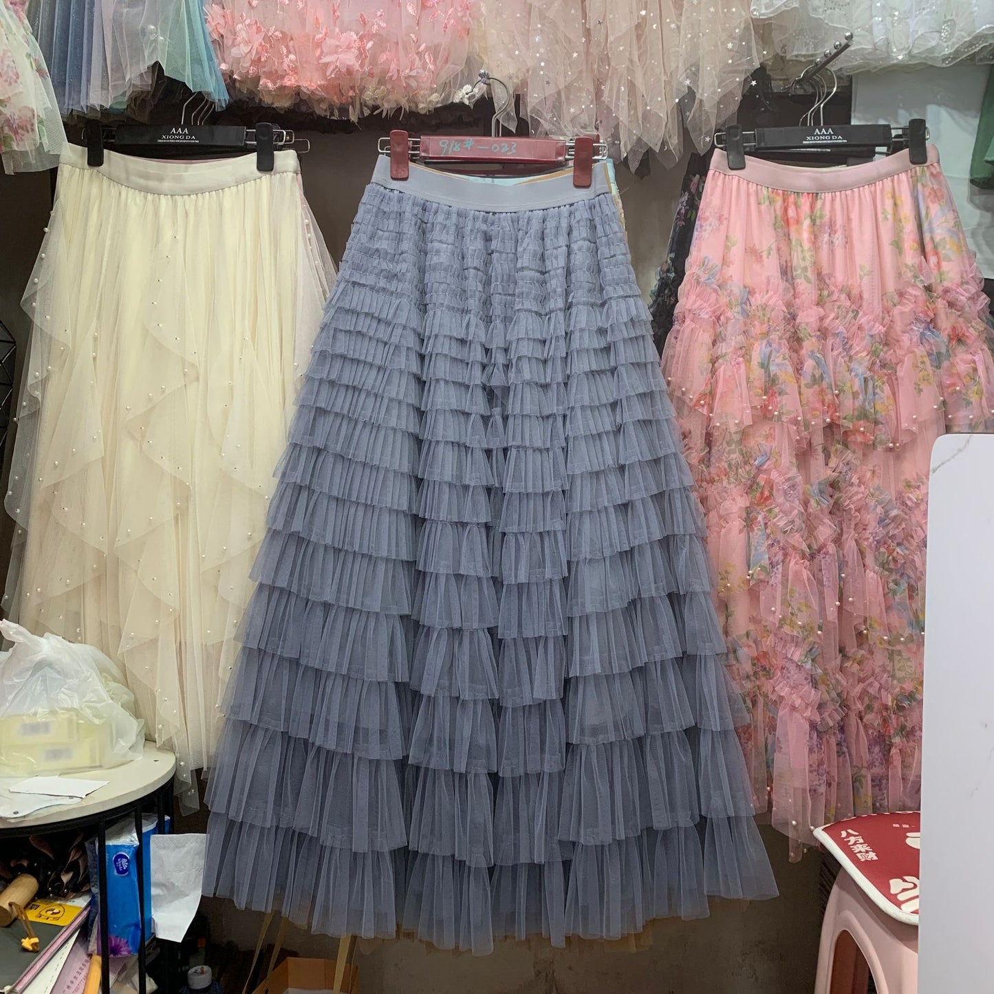 A woman in a lace cake skirt