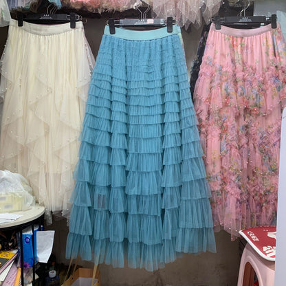 A woman in a lace cake skirt