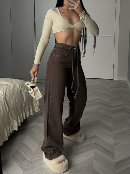 Womens High Waist Wide Leg Denim Pants