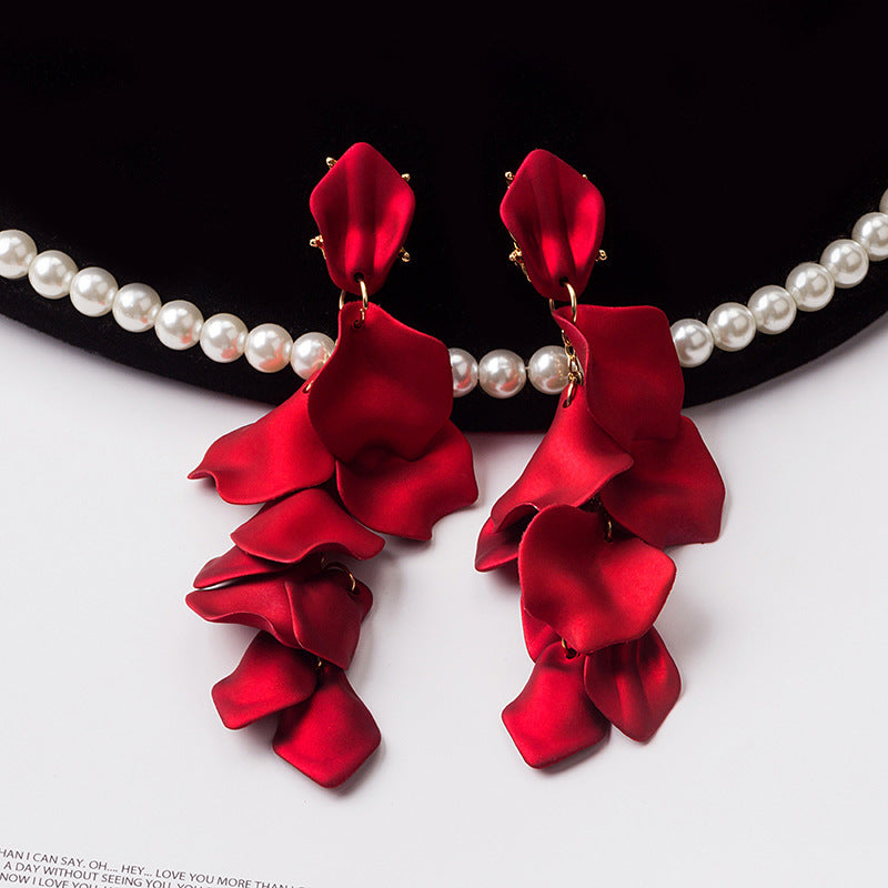Korean S925 Silver Needle Long Rose Petal Tassel Earrings Retro Simple Exaggerated Atmosphere Internet Celebrant Flower Earrings