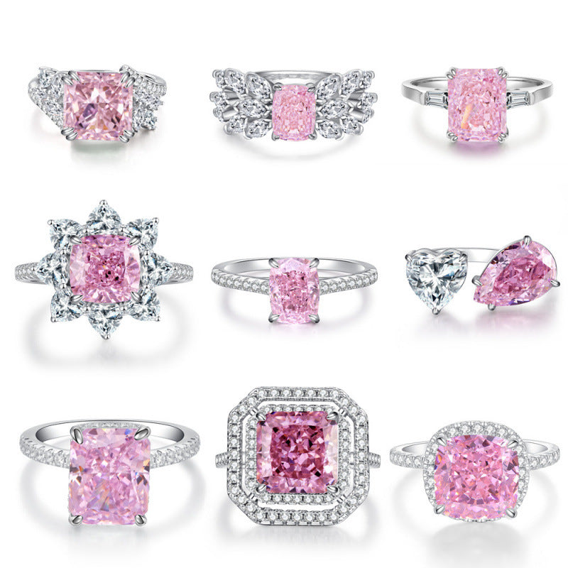 S925 Sterling Silver Zircon Ring Women Pink Ice Flower Cut