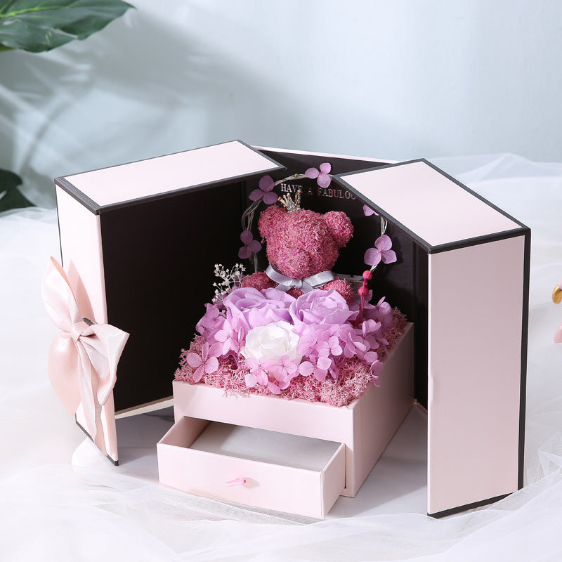 Preserved Rose Gift Box with Decorative Bear