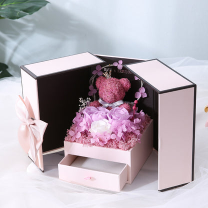 Preserved Rose Gift Box with Decorative Bear