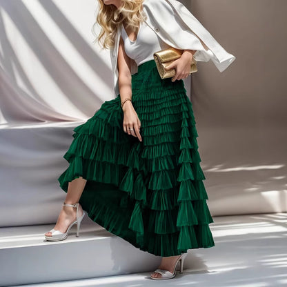 A woman in a lace cake skirt