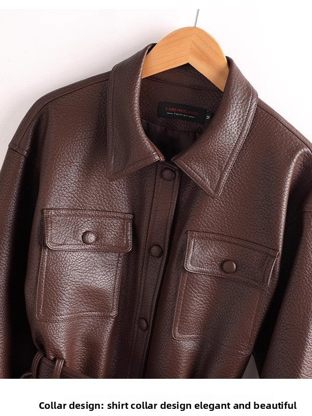 Leather women's short coat for outerwear