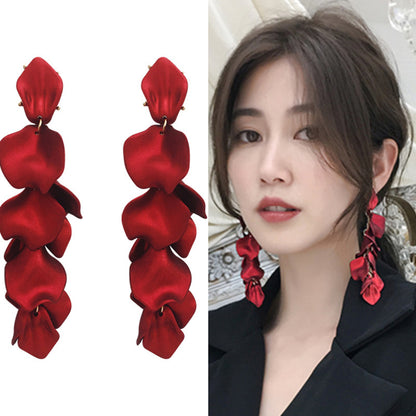 Korean S925 Silver Needle Long Rose Petal Tassel Earrings Retro Simple Exaggerated Atmosphere Internet Celebrant Flower Earrings
