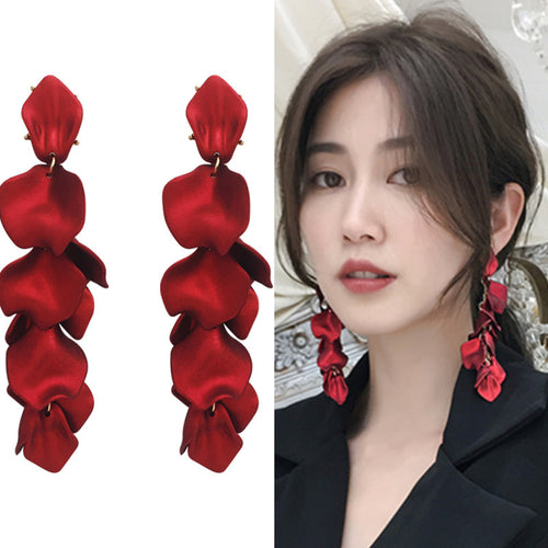 Korean S925 Silver Needle Long Rose Petal Tassel Earrings Retro Simple Exaggerated Atmosphere Internet Celebrant Flower Earrings