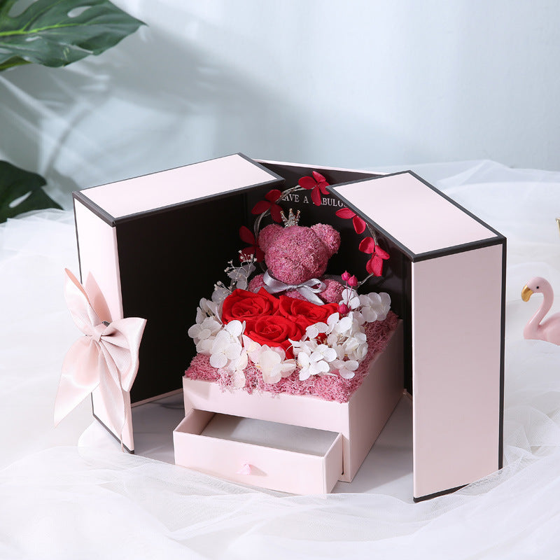 Preserved Rose Gift Box with Decorative Bear