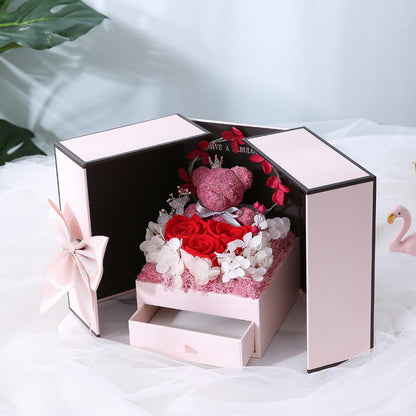Preserved Rose Gift Box with Decorative Bear