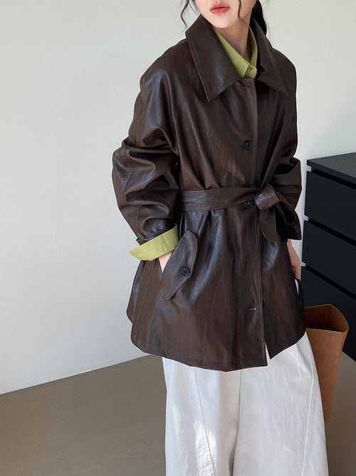 Lace-up PU Leather Coat