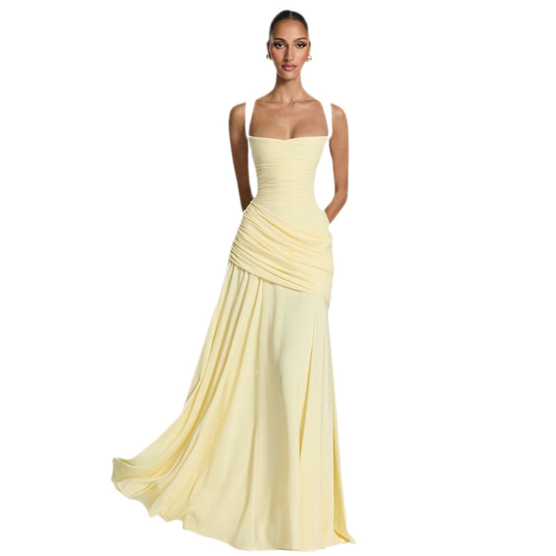 Solid-color sleeveless fitted-waist flared slip dress