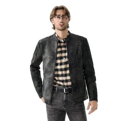 Mens PU Leather Jacket Stand Collar Slim Fit Coat