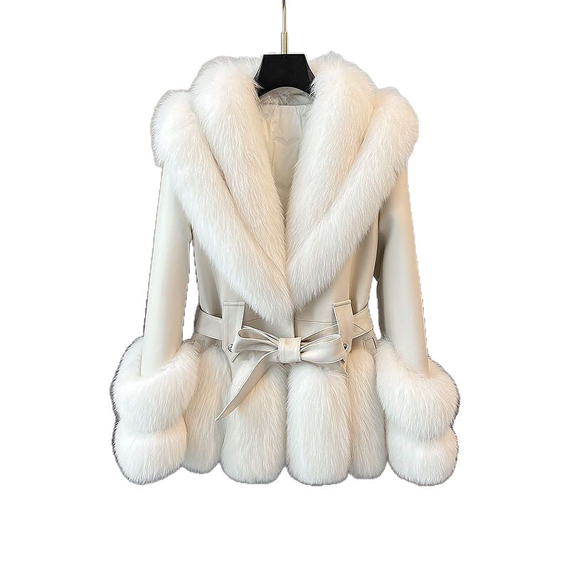 Large lapel faux fox fur plush leather coat