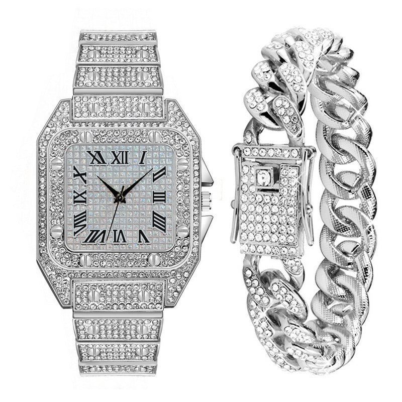 Hip Hop Quartz Watch Set with Bracelet and Necklace
