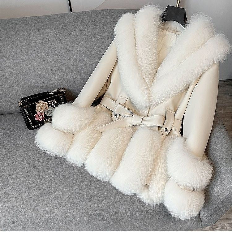Large lapel faux fox fur plush leather coat