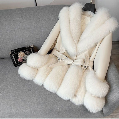 Large lapel faux fox fur plush leather coat