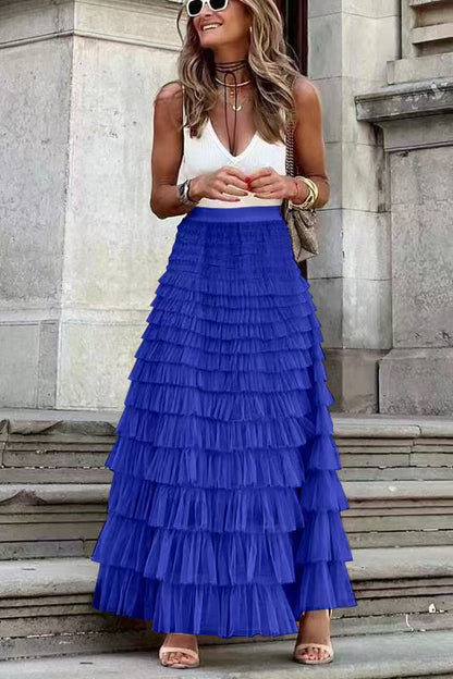 A woman in a lace cake skirt