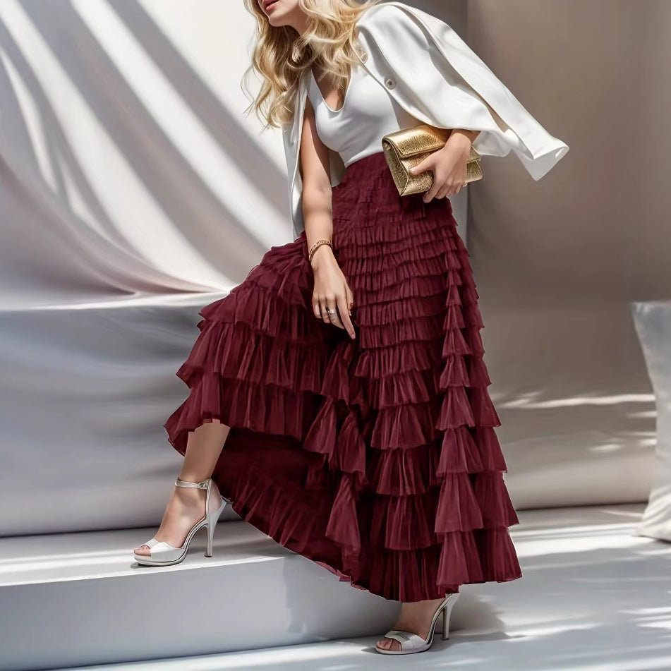 A woman in a lace cake skirt