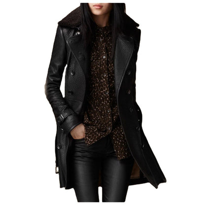 Women's fur collar leather coat mid-length