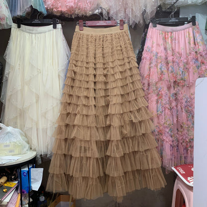 A woman in a lace cake skirt