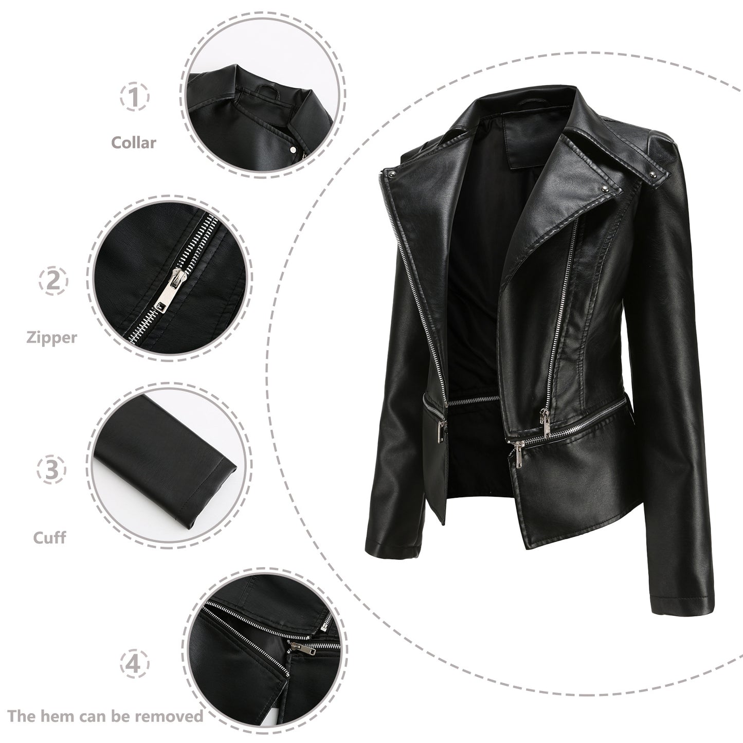 Leather female hem removable coat