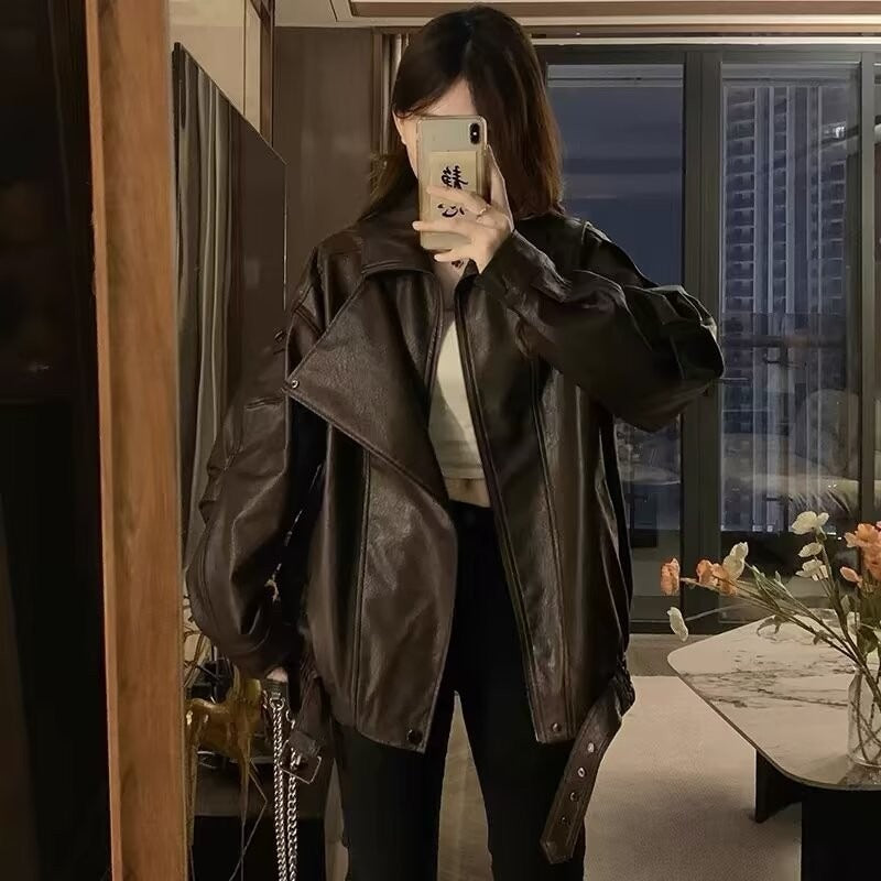 American-style brown leather jacket coat