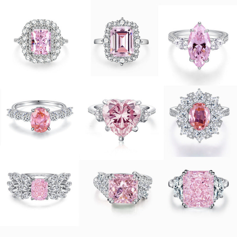 S925 Sterling Silver Zircon Ring Women Pink Ice Flower Cut