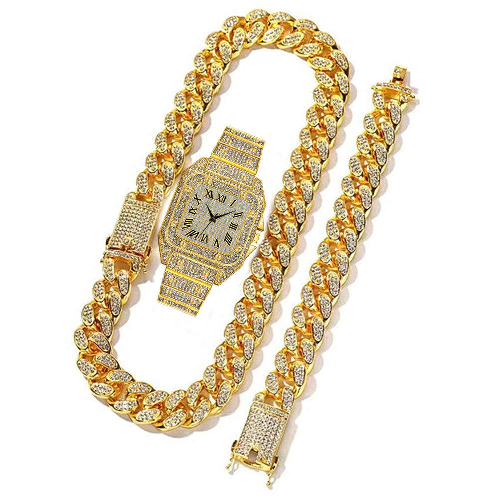 Hip Hop Quartz Watch Set with Bracelet and Necklace