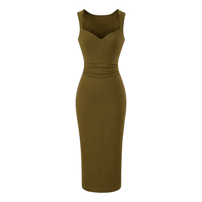 V-neck pleated dress with wide straps