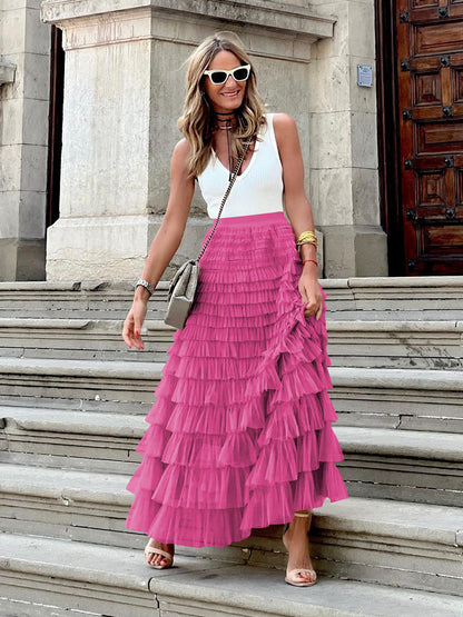 A woman in a lace cake skirt