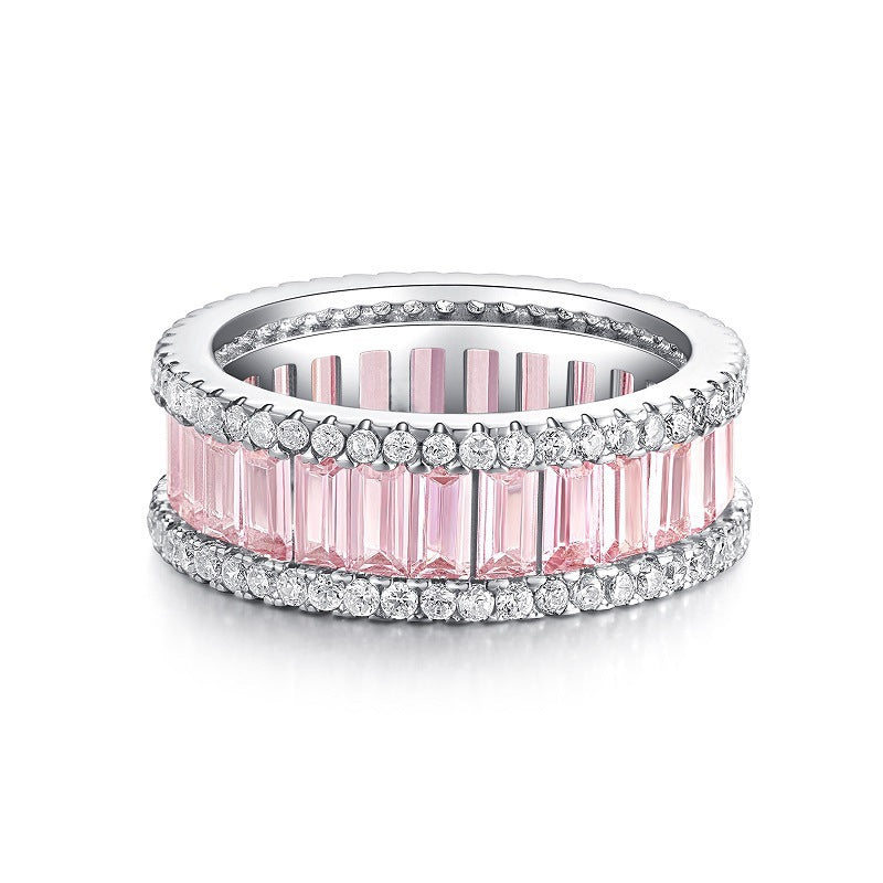 S925 Sterling Silver Zircon Ring Women Pink Ice Flower Cut