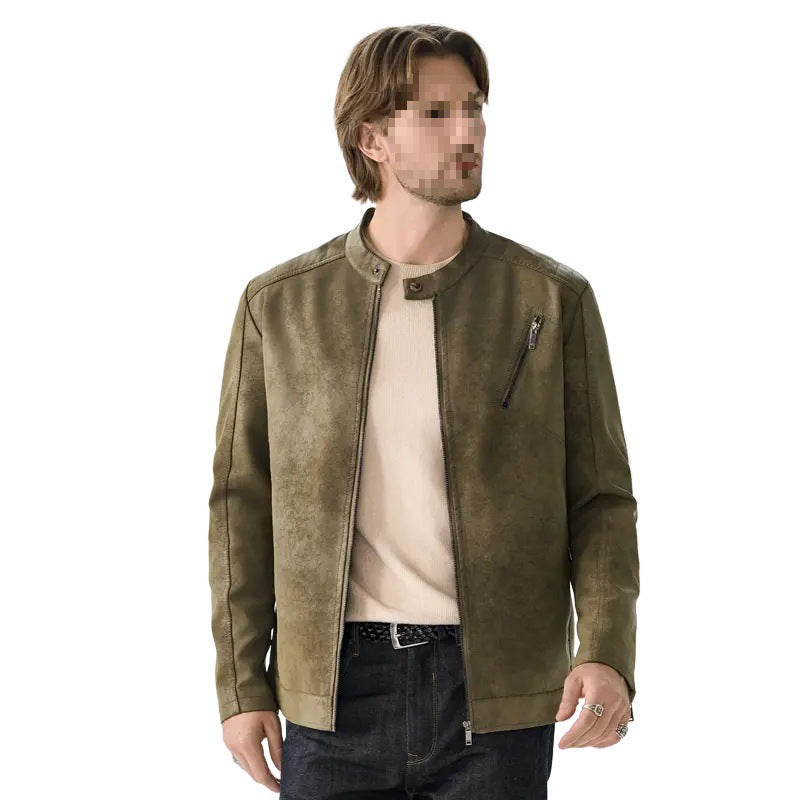 Mens PU Leather Jacket Stand Collar Slim Fit Coat