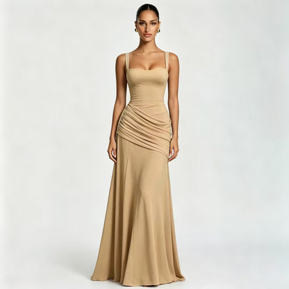 Solid-color sleeveless fitted-waist flared slip dress