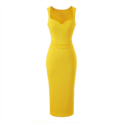 V-neck pleated dress with wide straps