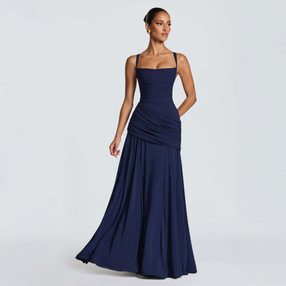 Solid-color sleeveless fitted-waist flared slip dress