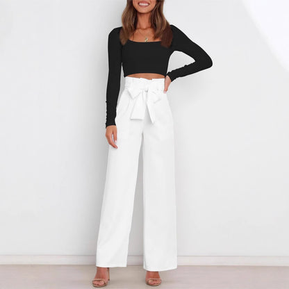 Wide-leg high-waisted lace-up dress pants woman