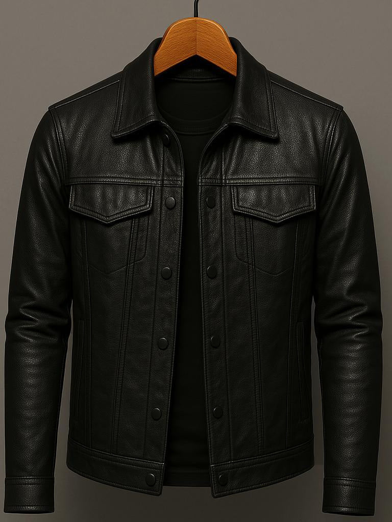 Men PU Leather Motorcycle Jacket Lapel Slim Fit Pilot Coat