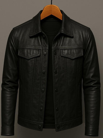 Men PU Leather Motorcycle Jacket Lapel Slim Fit Pilot Coat