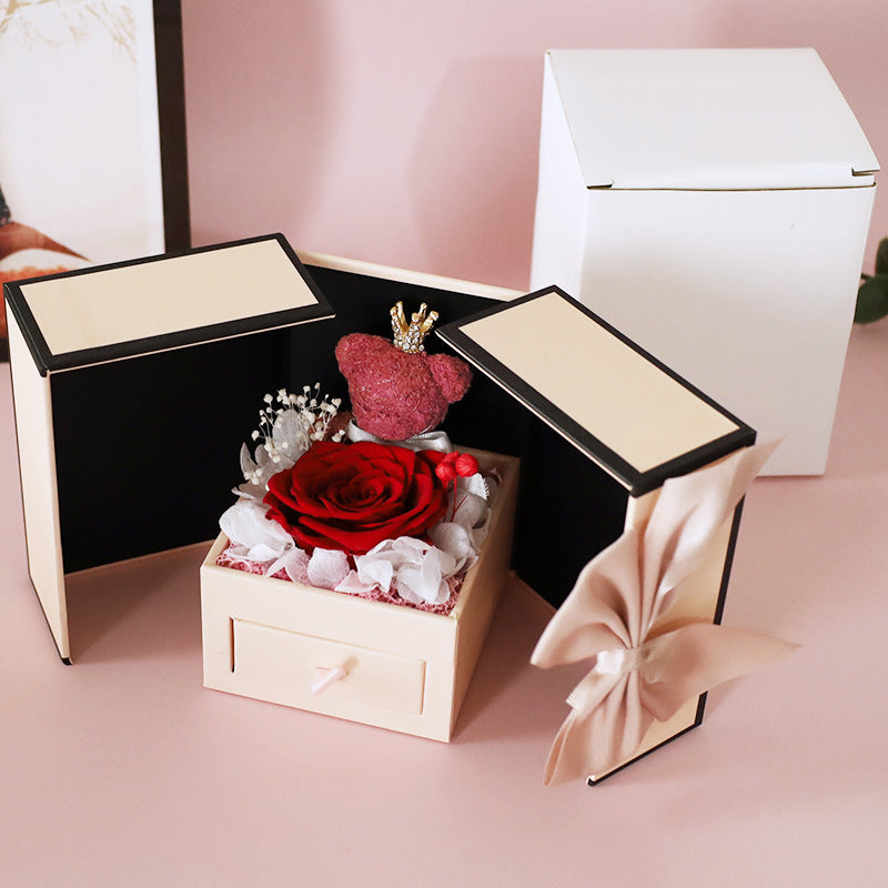 Preserved Rose Gift Box with Decorative Bear