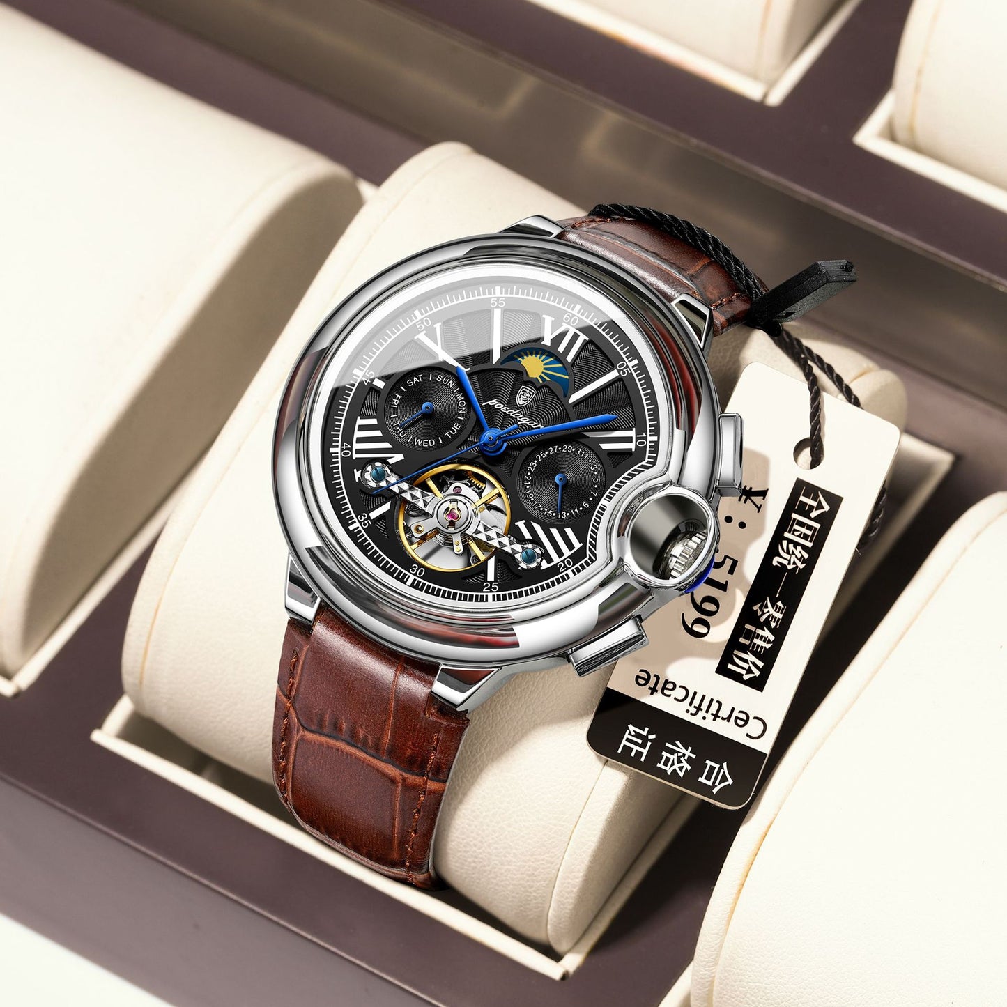 Automatic Mechanical Tourbillon Watch with Moon Phase