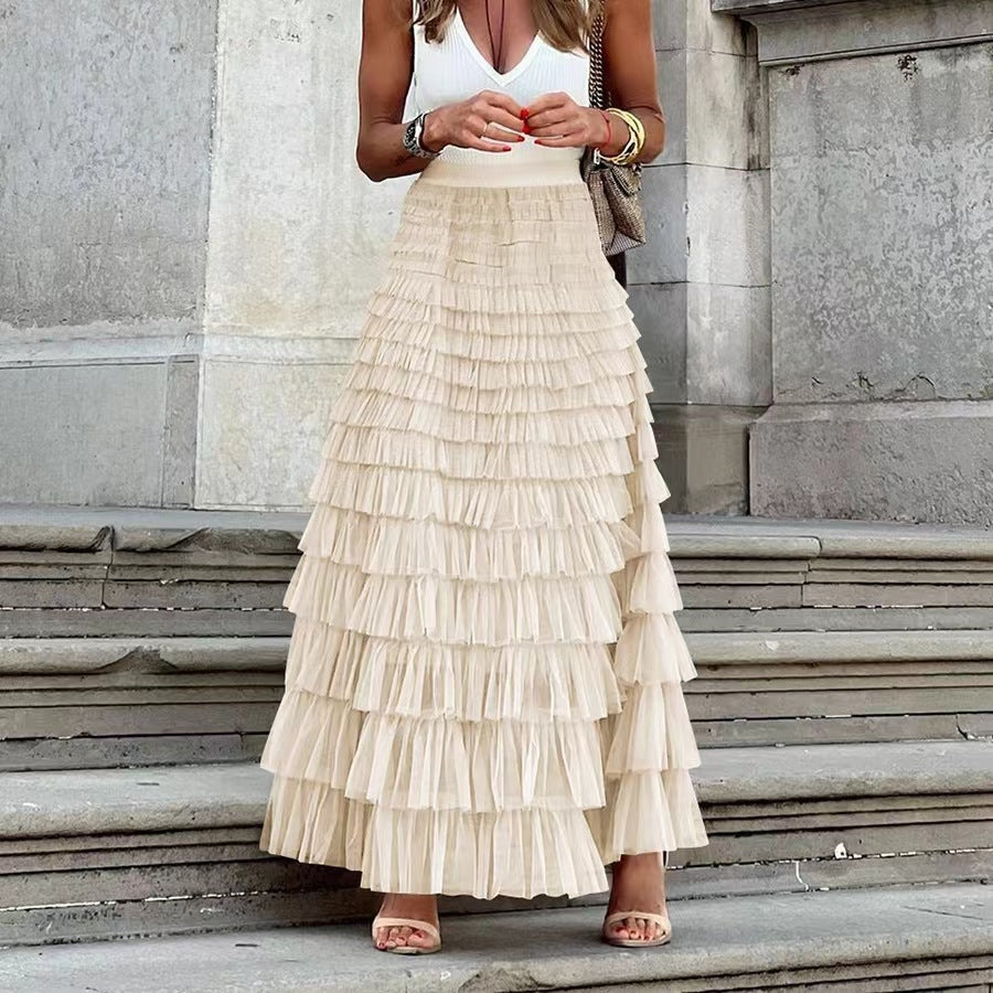 A woman in a lace cake skirt