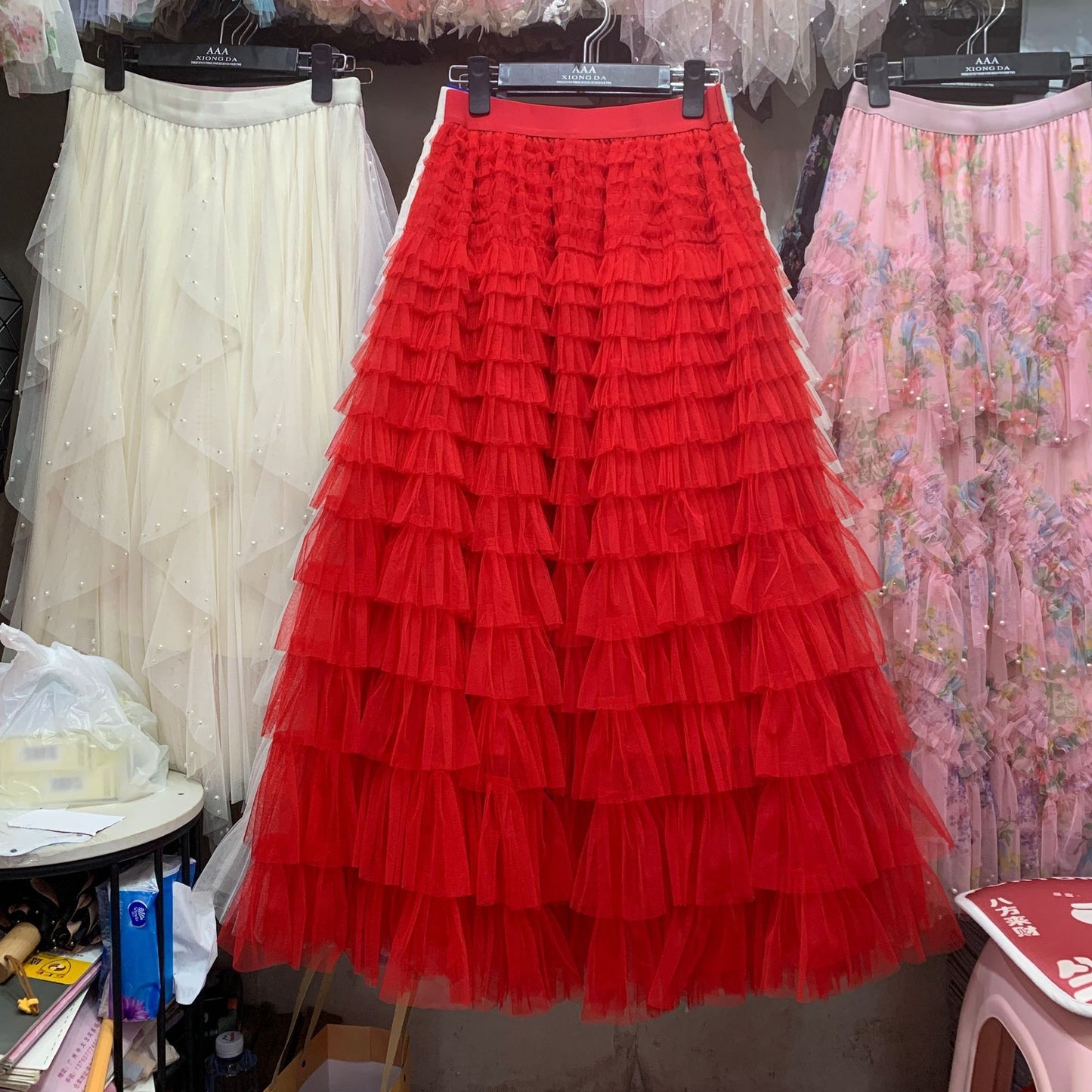 A woman in a lace cake skirt