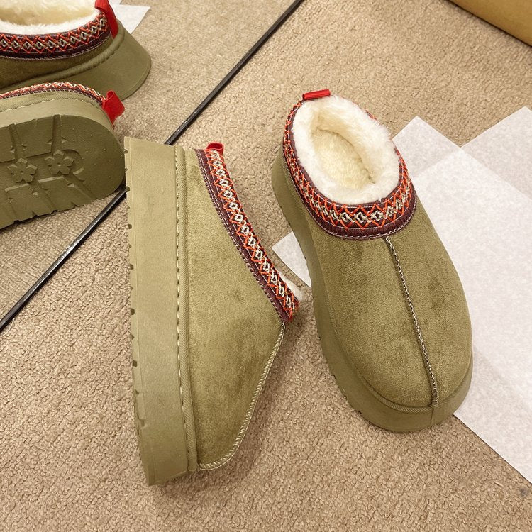 Lazy woman wearing snow boots for winter