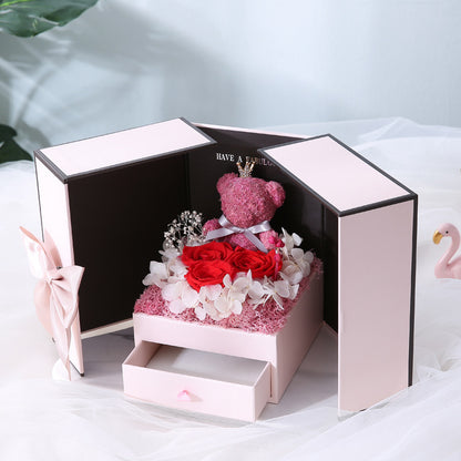 Preserved Rose Gift Box with Decorative Bear