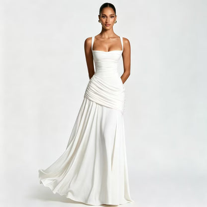 Solid-color sleeveless fitted-waist flared slip dress