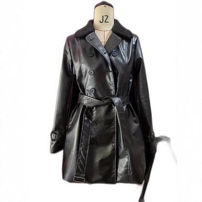 Women's fur collar leather coat mid-length