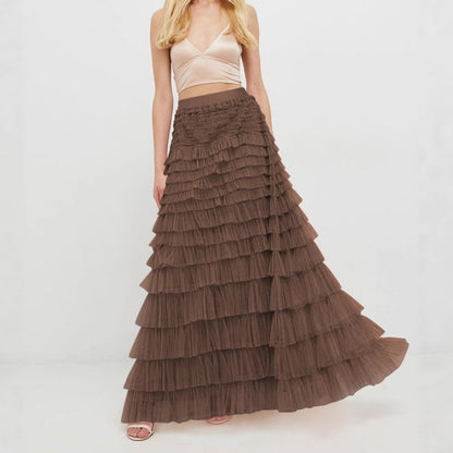 A woman in a lace cake skirt