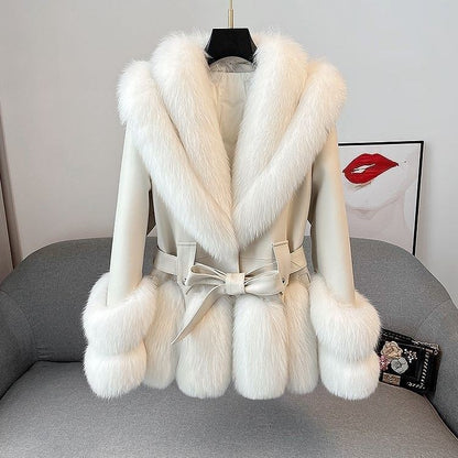 Large lapel faux fox fur plush leather coat