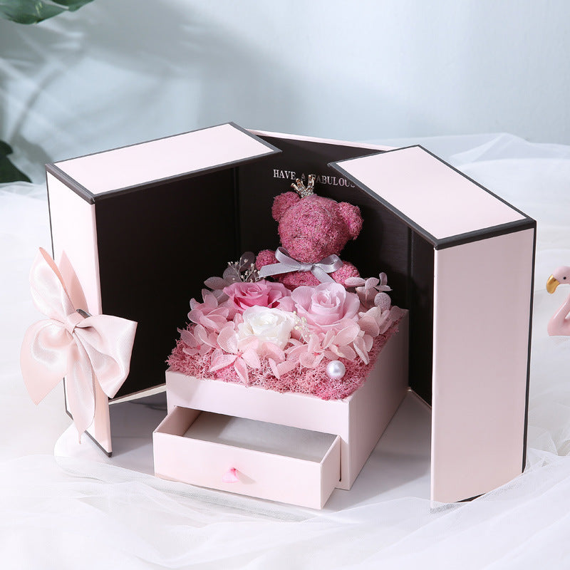 Preserved Rose Gift Box with Decorative Bear
